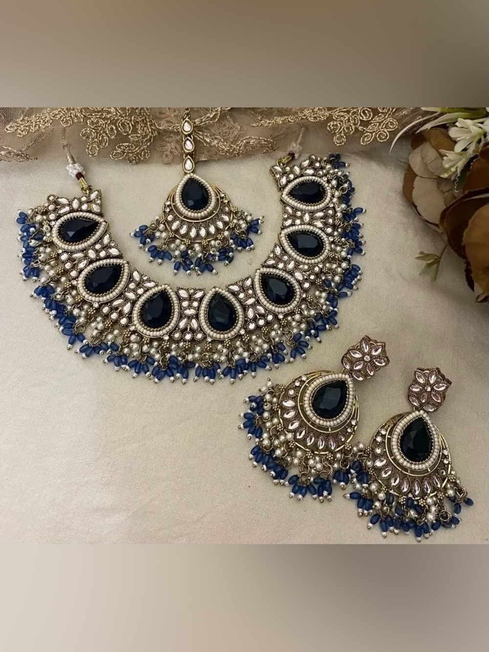 Blue Teardrop Bridal Necklace Set with Earrings - Women Jewelry